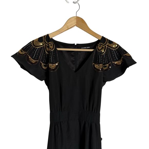 Gianni Bini Black Sequin Embellished Flutter Sleeve V-Neck A-Line Dress Size 2 - Picture 2 of 10